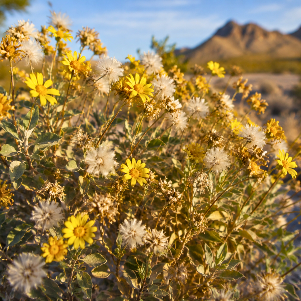 Close-up of brittlebush in a desert wash with yellow blooms and drifting seed heads, accompanying a desert poem by Iris Lennox.