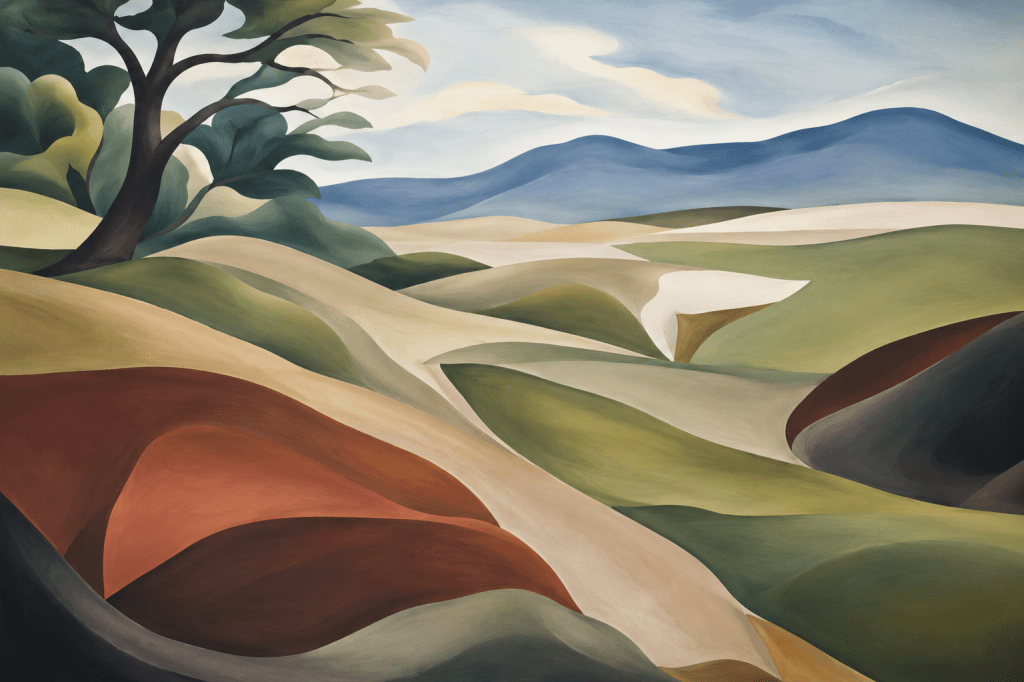 Abstract landscape painting with rolling hills, a solitary tree, and layered fields in muted greens, creams, blues, and warm earth tones beneath a soft sky. The flowing forms evoke memory, changing landscapes, and the passage of time.