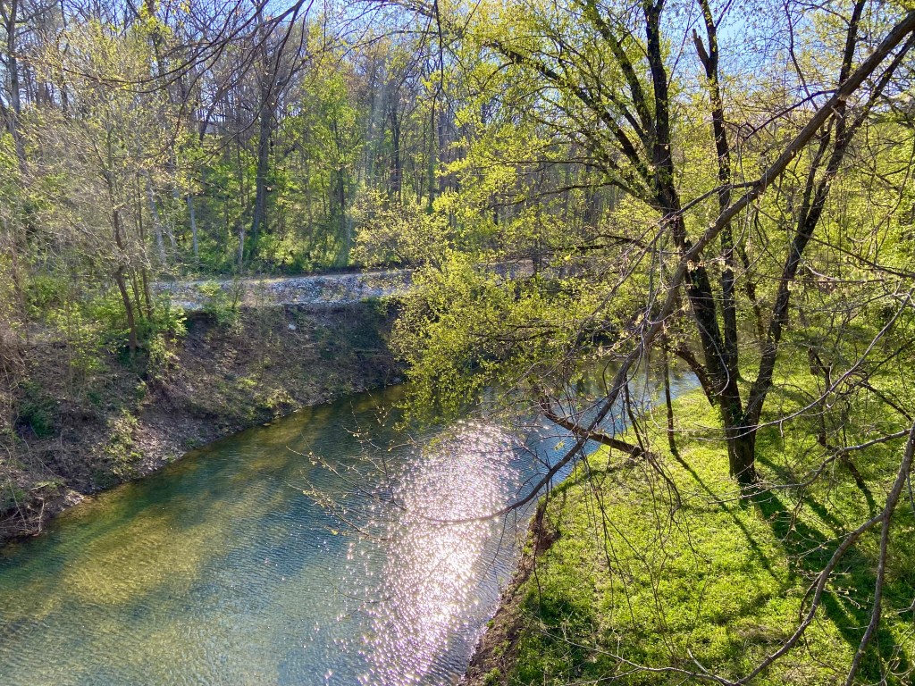 Sunlight sparkling on Hamilton Creek beneath the Hamilton Creek Bridge near Wildwood, Missouri, with clear water, spring trees, and limestone banks.